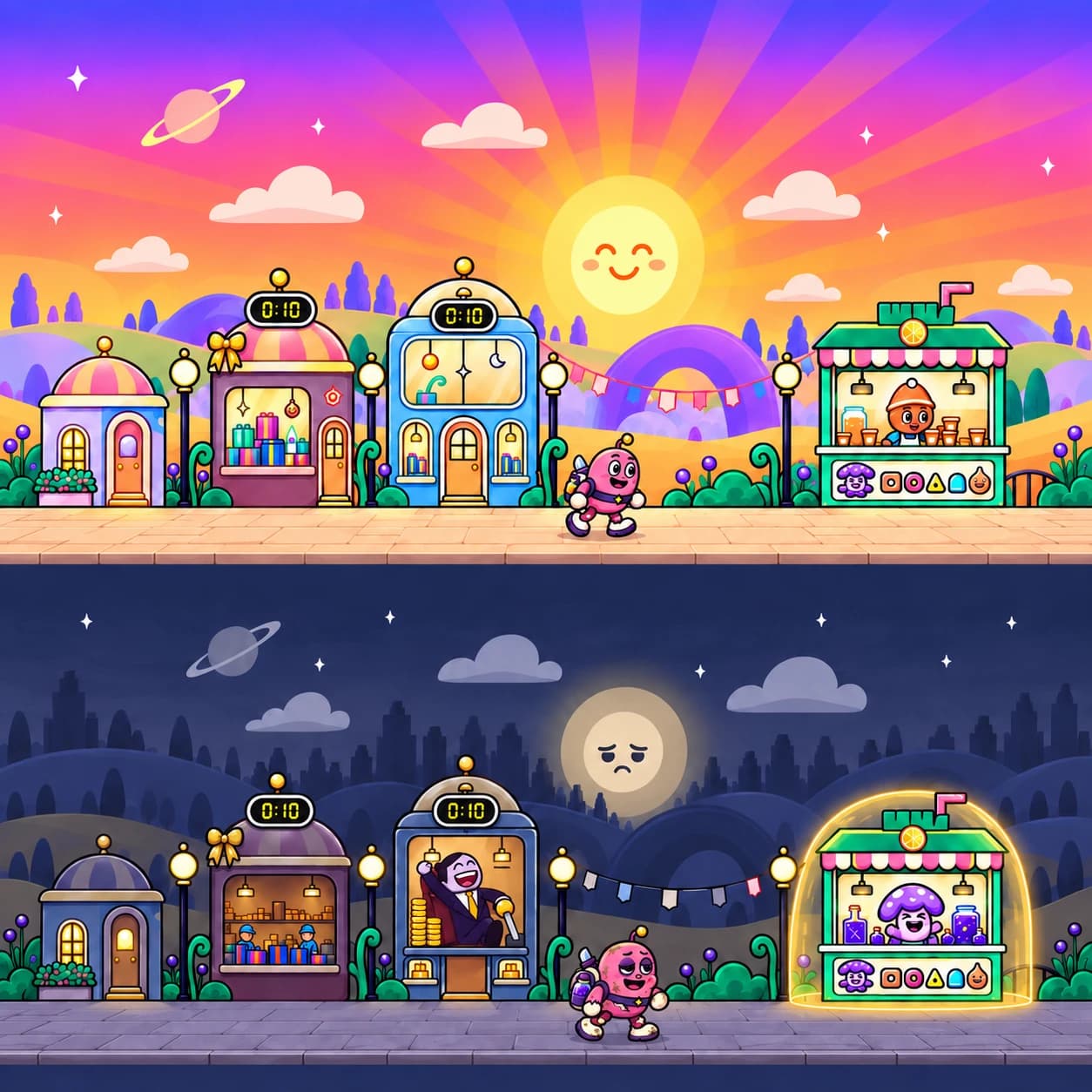 The game's street in its bright world above and its dark world below, the same shops and hero in both